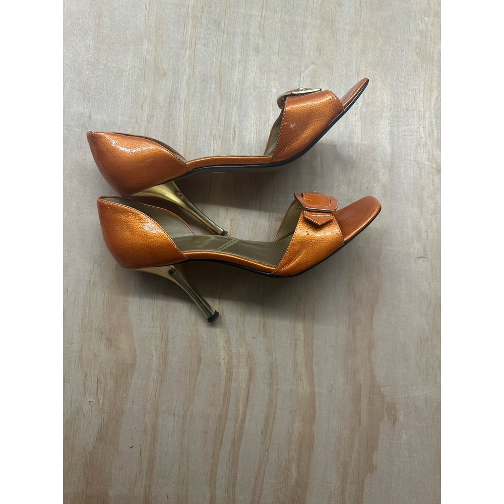 Tahari Orange Leather Peep Toe Pump Heel Buckle "Riley" Sz 9 Patent Leather‎